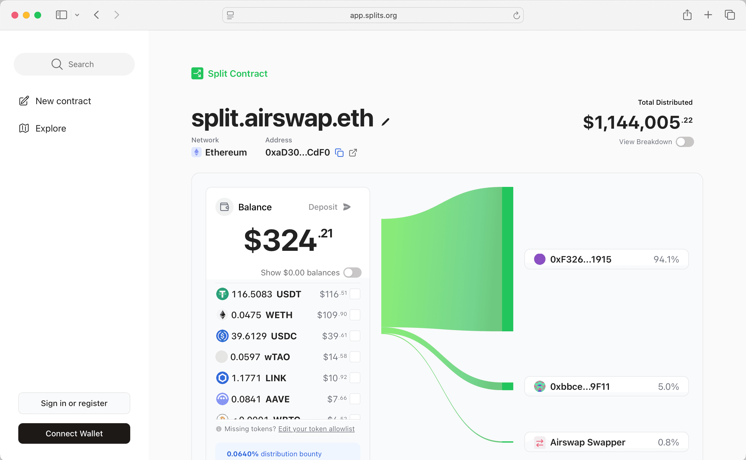 Splits contract explorer preview